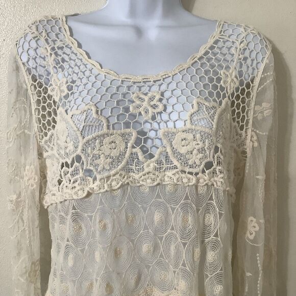 Cream Sheer Lace Crochet Fairycore Fairy Bohemian Hippie Boho Lagenlook Top M - Picture 2 of 7
